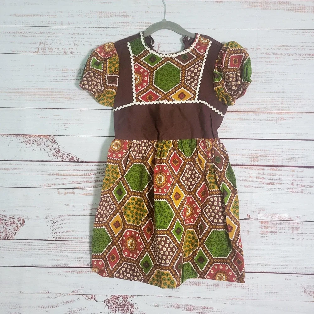 Vintage Girls Patchwork Peasant Dress (Unfinished) 1960s/70s Brown Green Calico